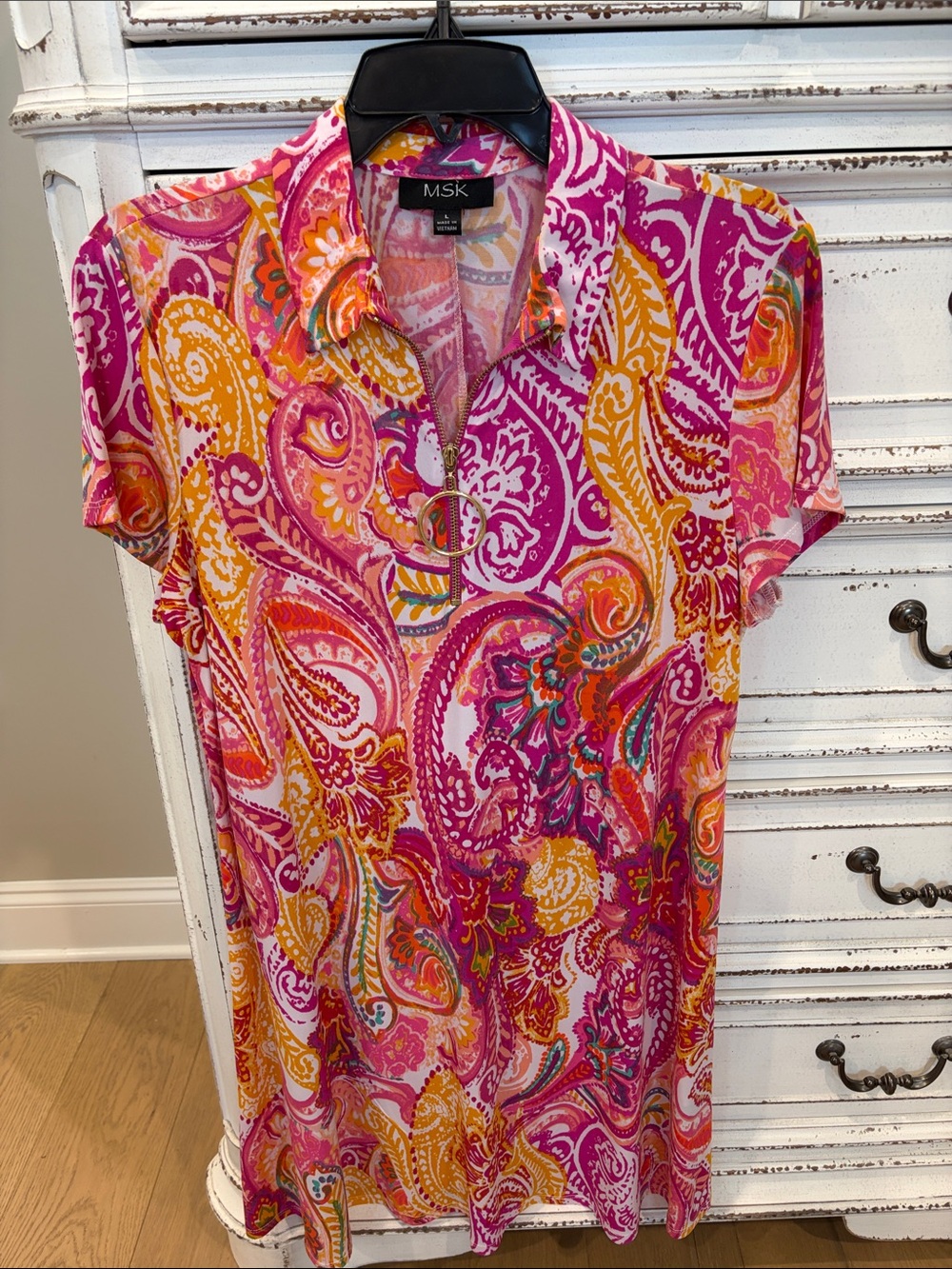 MSK Vibrant Pink and Orange Paisley Zip Polo dress